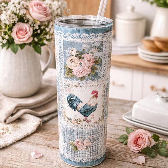 The Crowing Hen Other - Farmhouse Rooster Floral 20 oz Skinny Tumbler | Cottagecore Vintage Lace